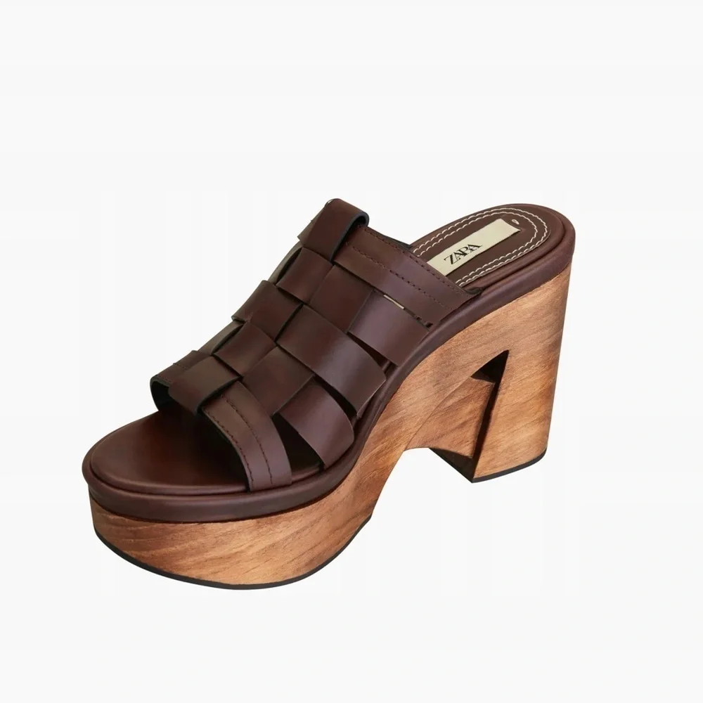 NWT. Zara Brown Unique Leather and Wood Strappy Sandals. Size 9. - Picture 4 of 7